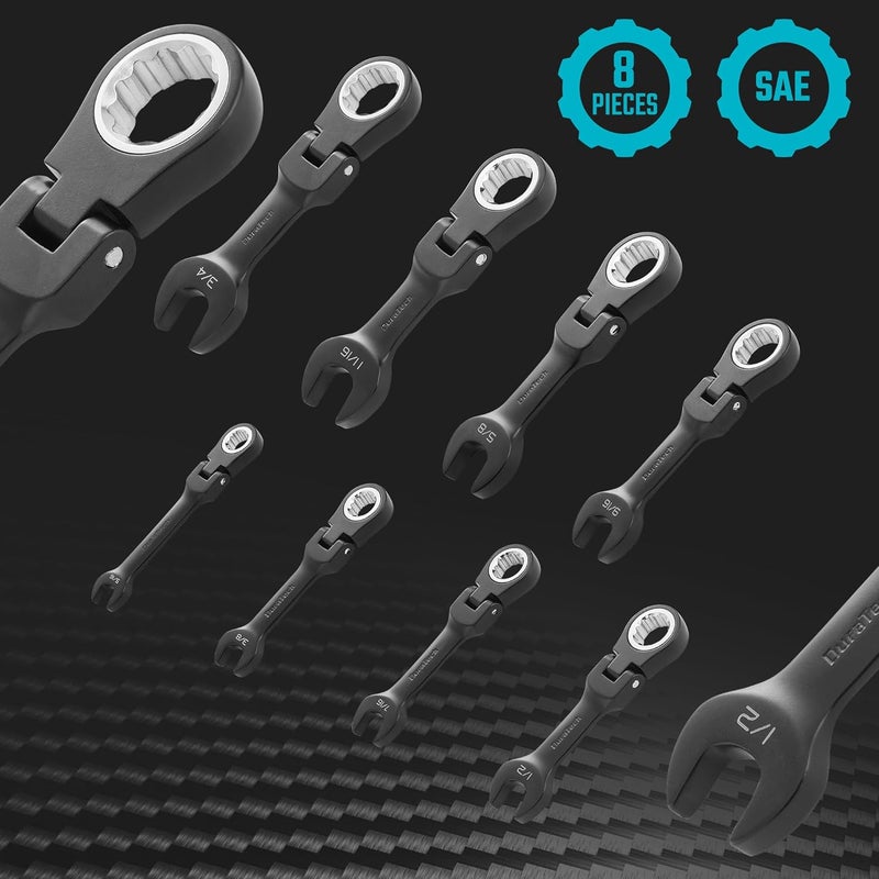 DURATECH Stubby Flex-head Ratcheting Combination Wrench Set, SAE, 8-piece, 5/16" to 3/4", CR-V Steel, Black Electrophoretic Coating, with Rolling Pouch - Image 2